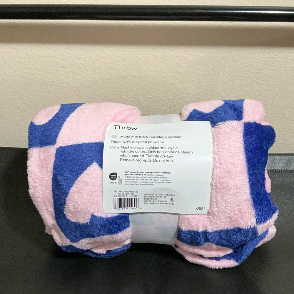 Room Essentials Purple & Pink Checkered with Pink Hearts Throw Blanket